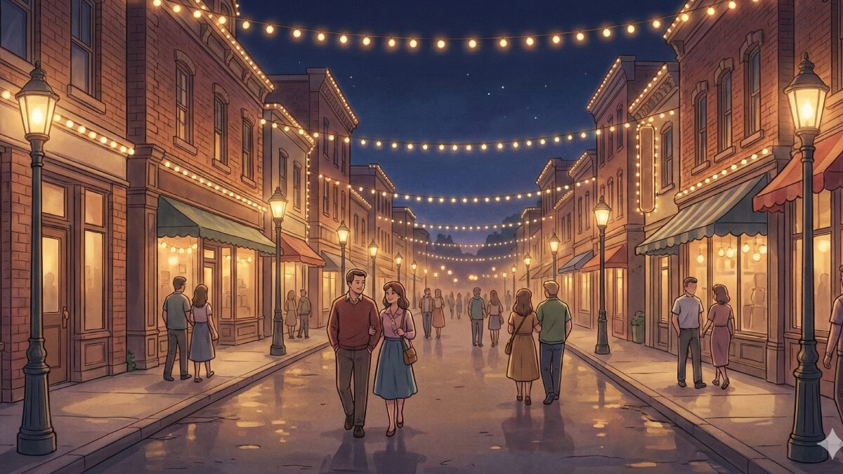 ショー終了後、人が減り始めたパーク内の静かな夜景。ライトアップされた街並みをゆっくり歩く大人の後ろ姿