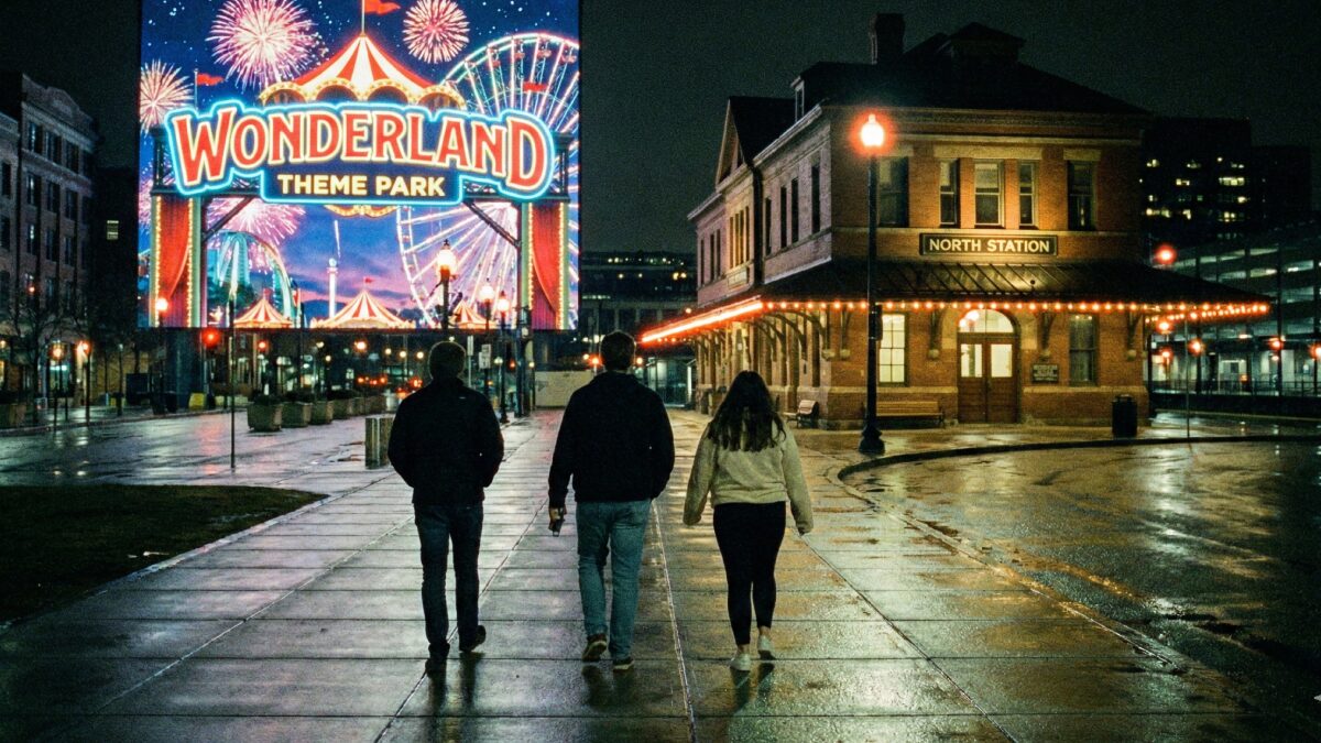 夜のUSJ閉園後、混雑する駅とは逆方向の桜島駅方面へ歩いていく人々の後ろ姿と夜景のイメージ