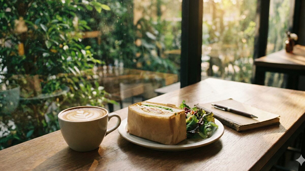 窓から緑が見える、静かで落ち着いたカフェのテーブル