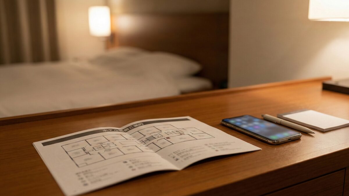 ホテルのフロアマップと避難経路図を確認するイメージ