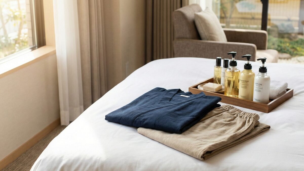 ホテルの充実したアメニティとナイトウェア