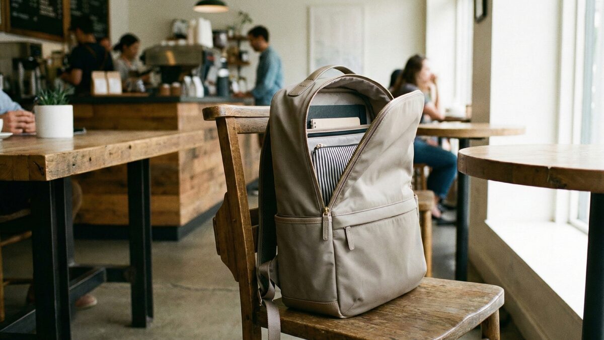 カフェで自立する軽量ナイロンリュック
