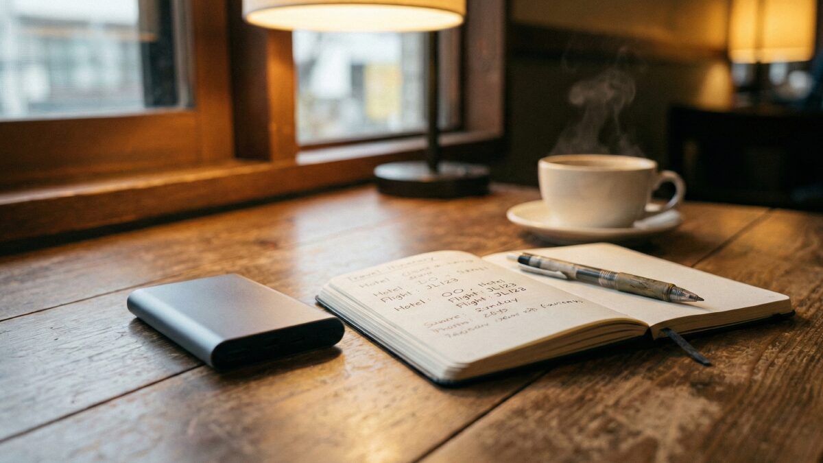 コンパクトなモバイルバッテリーと手帳、ペン