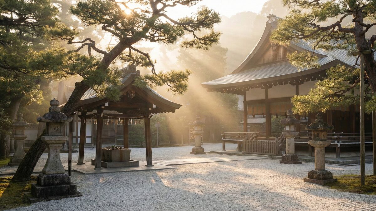 早朝の境内に差し込む朝日。澄んだ空気が漂う静かな空間。