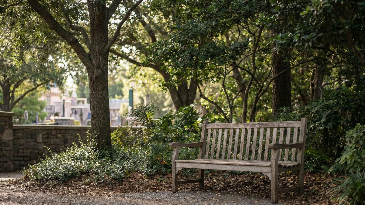 パーク内の静かな場所にある、座り心地の良さそうなベンチと緑の風景