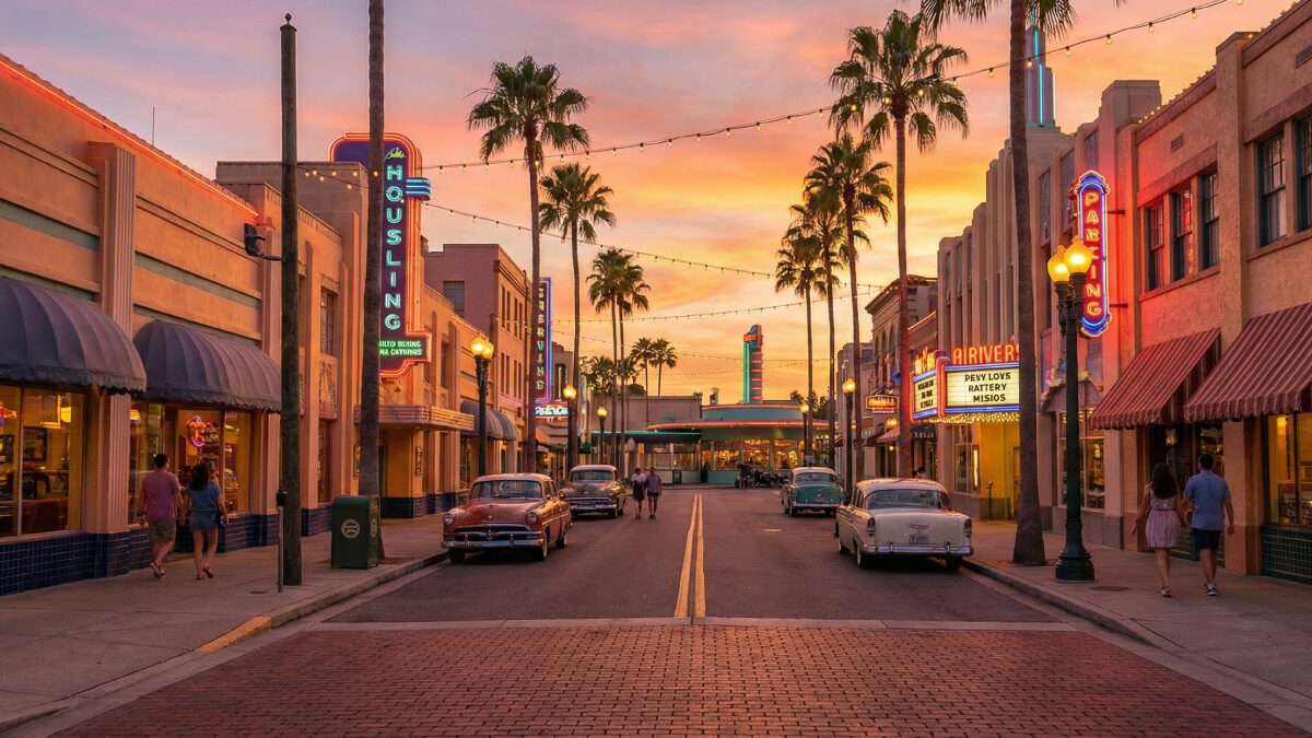 夕暮れ時のUSJ。ライトアップされた建物が美しく、急がずに歩きたくなる雰囲気の街並み