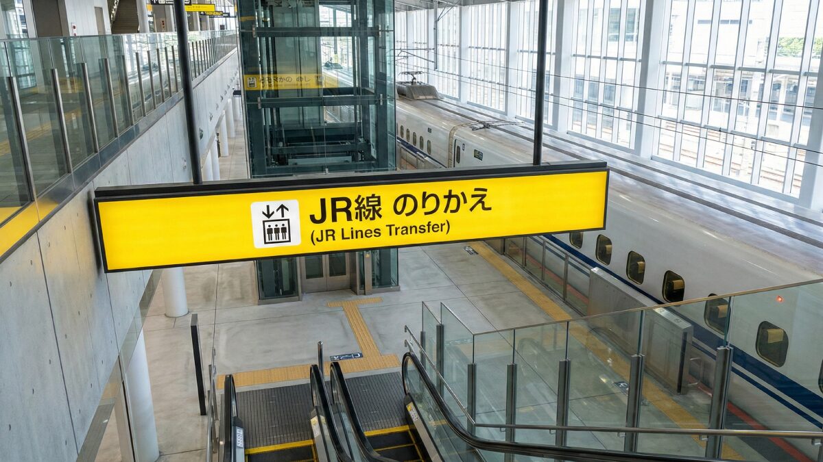 新幹線ホームのエレベーター付近。『のりかえ』案内が目印