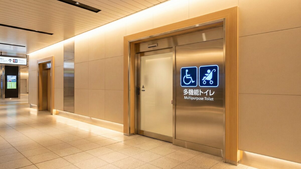 清潔感のある広々とした多目的トイレの入り口