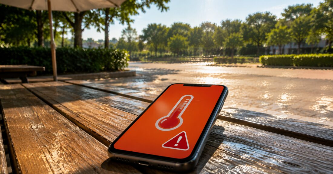 夏の炎天下、スマートフォンの画面が高温注意の警告を表示してフリーズしているイメージ