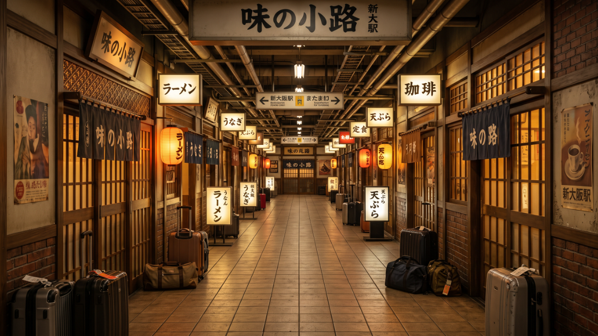 新大阪駅1階 味の小路のゆったりとした通路と店舗