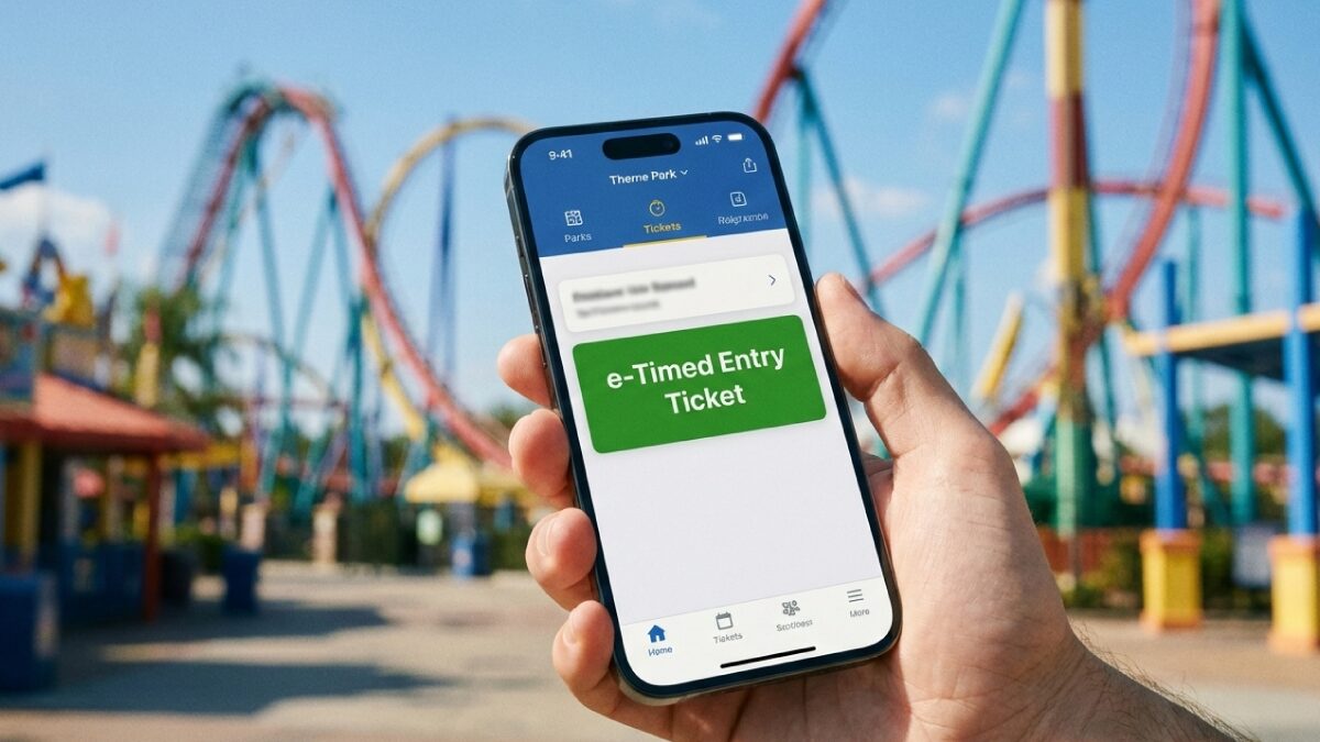 USJ公式アプリのホーム画面で「e整理券」ボタンが表示されているイメージ