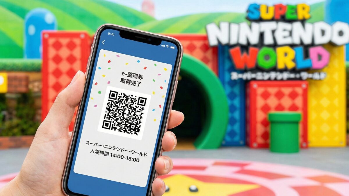 取得済みのe整理券画面に、エリア名と入場時間、QRコードが表示されているイメージ