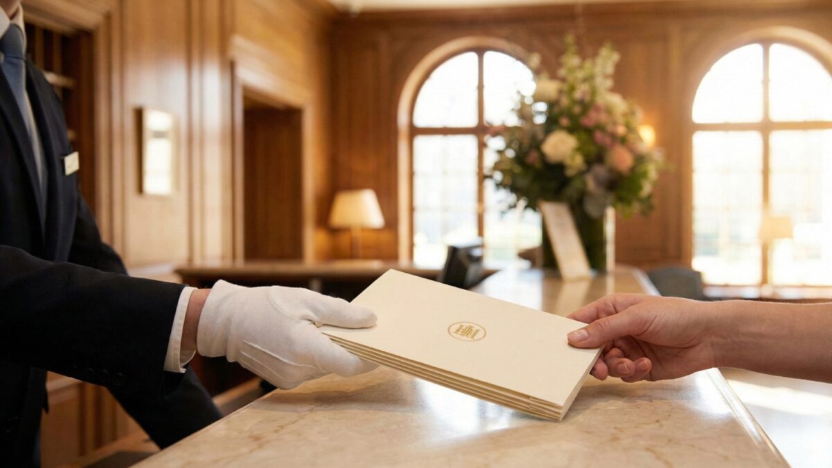 ホテルのフロントでチケットを受け取り、これからの滞在に期待を膨らませる様子