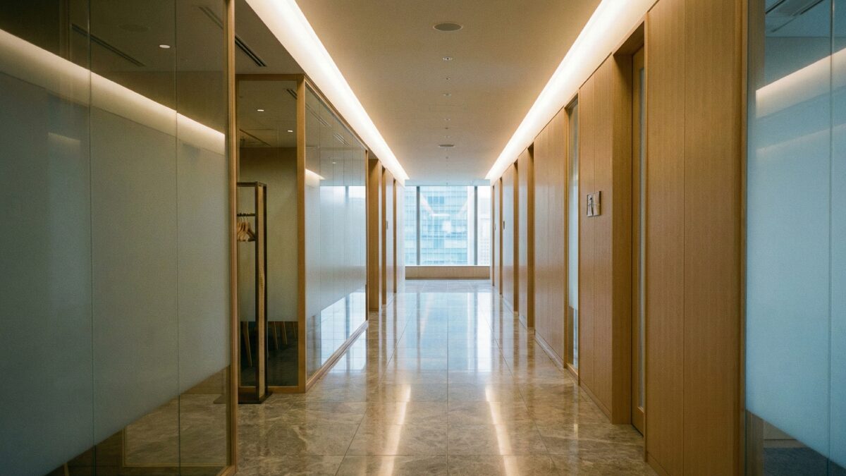 静かで清潔感のあるオフィスビル内のレストランフロアの通路