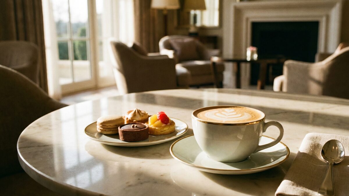 午後の柔らかな光が差し込む、落ち着いたホテルのティーラウンジの風景