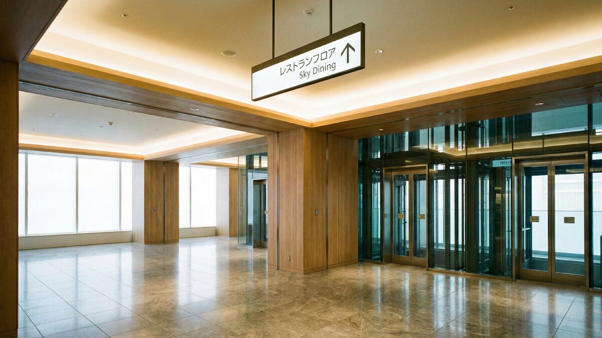 梅田の案内板を確認しながら、迷わずエレベーターホールへ向かう移動の様子