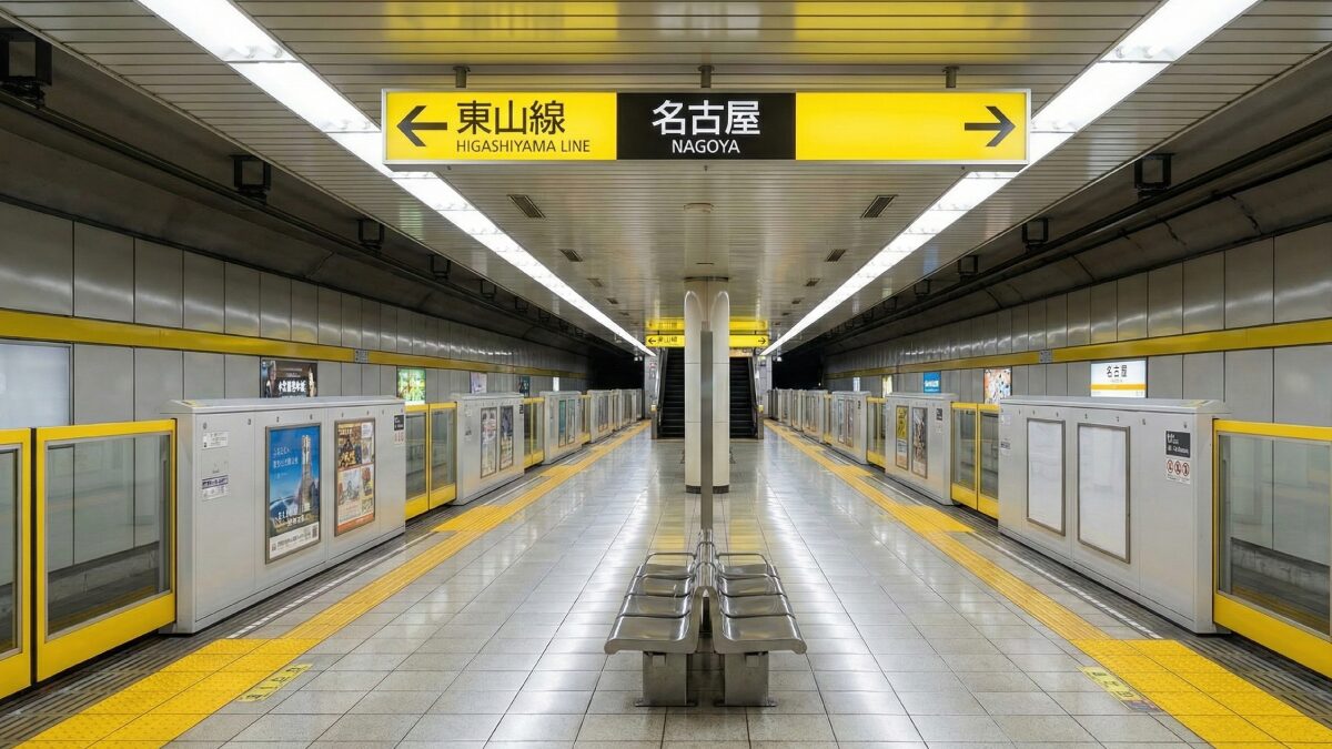 名古屋駅の地下鉄東山線ホーム。黄色いラインが特徴的な案内表示。