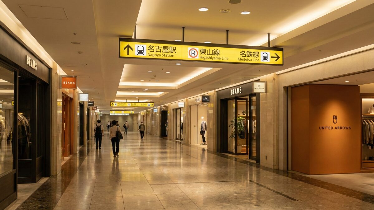 名古屋駅の地下街。看板に沿って進めば、地上に出ることなく地下鉄東山線の改札へ。