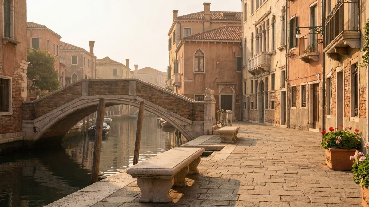 東京ディズニーシー ヴェネツィアン・サイドの静かな運河沿いベンチ