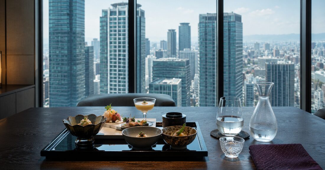 西梅田の高層階レストランで落ち着いて食事するイメージ