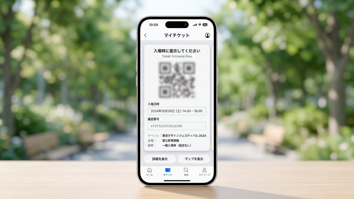 USJ e整理券アプリの取得完了画面。QRコード、利用時間、確認番号が表示されている状態