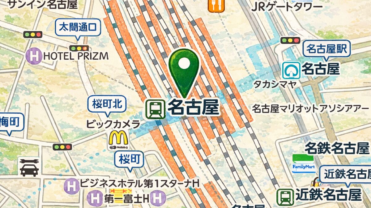 名古屋駅の簡易マップ。4つの到着口からそれぞれの推奨エリアへの最短動線を矢印で示した図