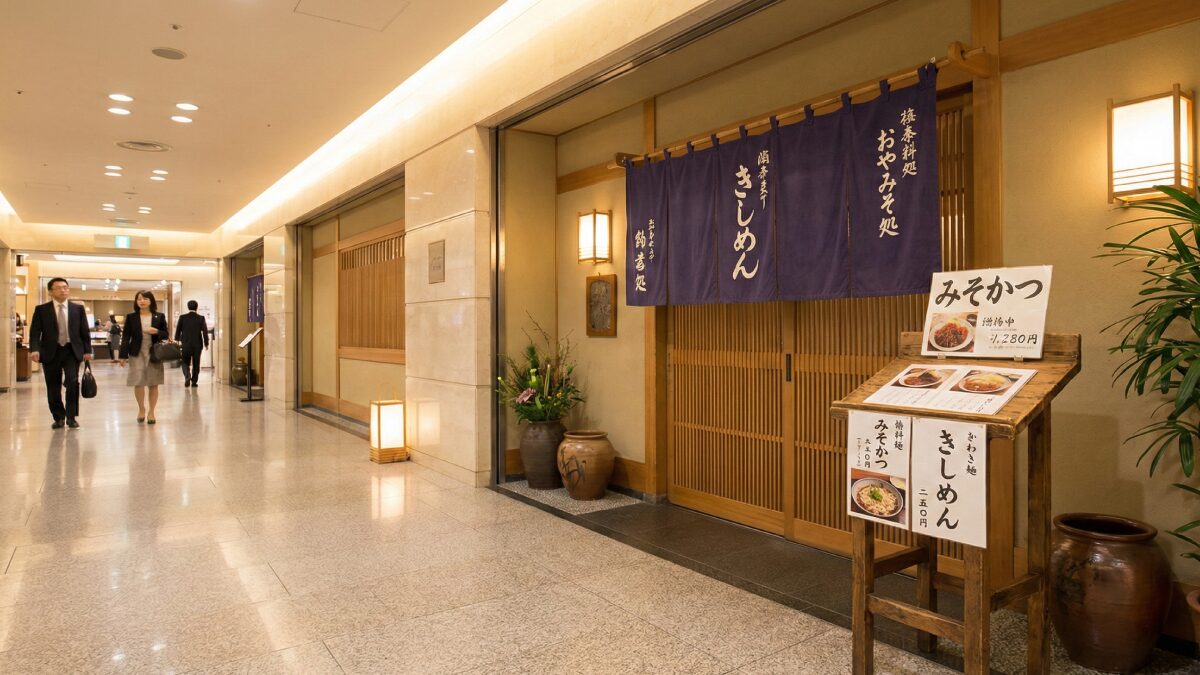 落ち着いた雰囲気のレストランの入口。暖簾がかかり、ショーケースに味噌カツやひつまぶしのサンプルが並んでいる