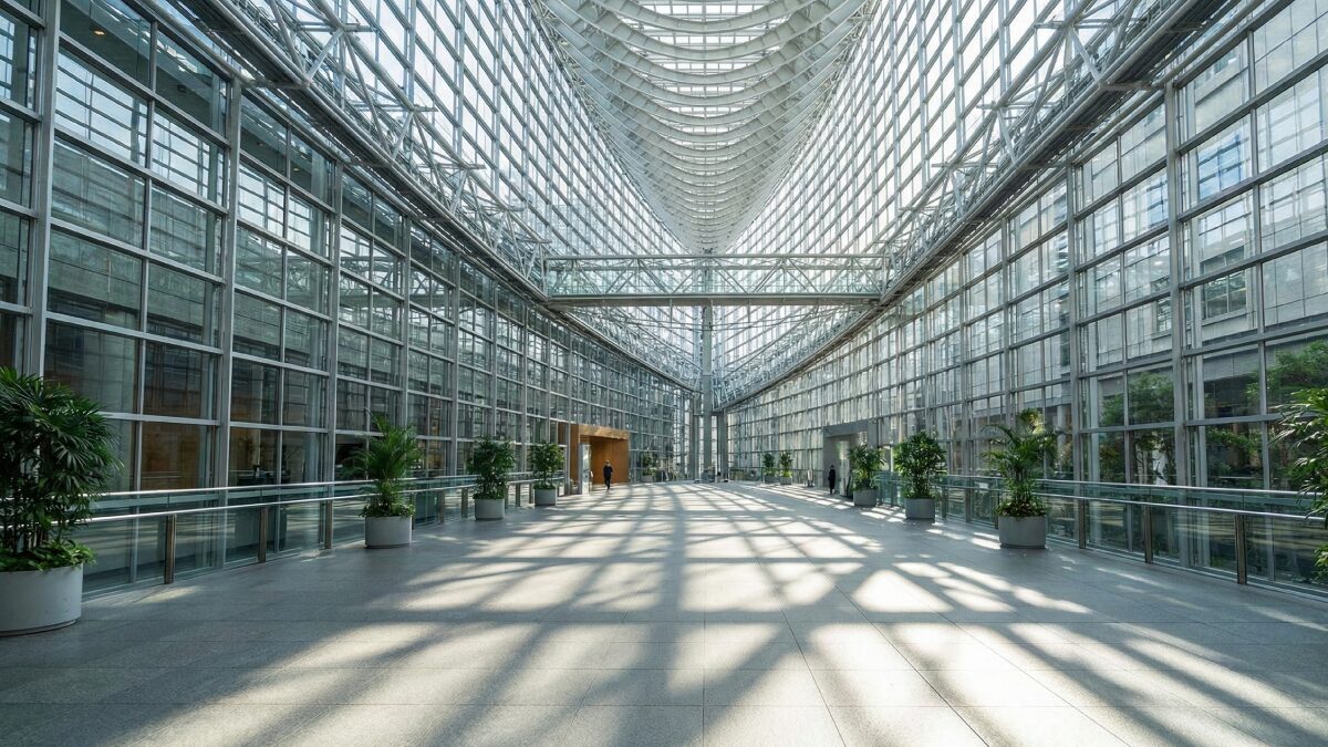 東京国際フォーラムの明るく開放的なガラス棟の通り道