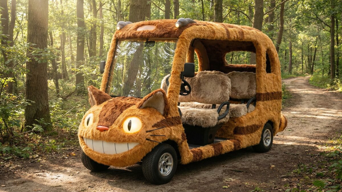 森の中を走るAPMネコバスと券売機の様子