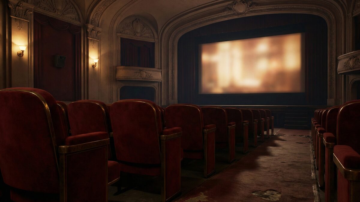 レトロな雰囲気の映像展示室オリヲン座の入り口付近