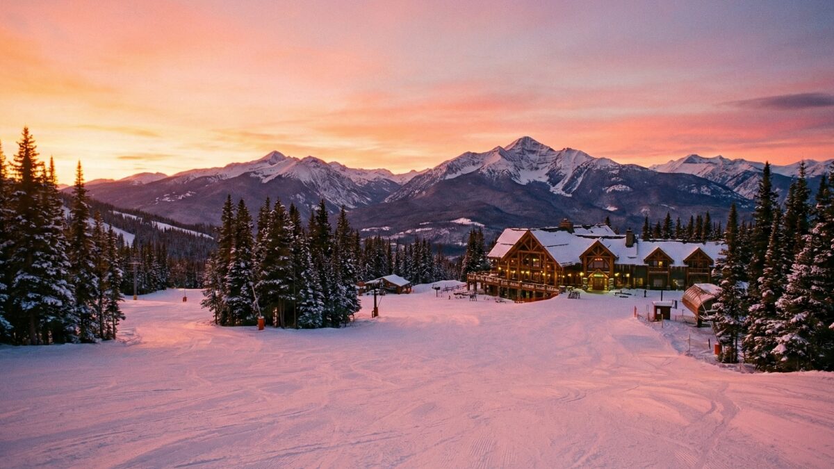 夕暮れのゲレンデから見下ろす美しい雪山の絶景