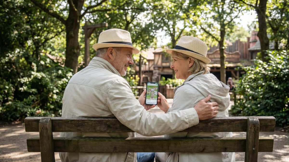 シンデレラ城を遠くに眺めながら、木陰のベンチでコーヒーを飲みリラックスしている50代女性の後ろ姿