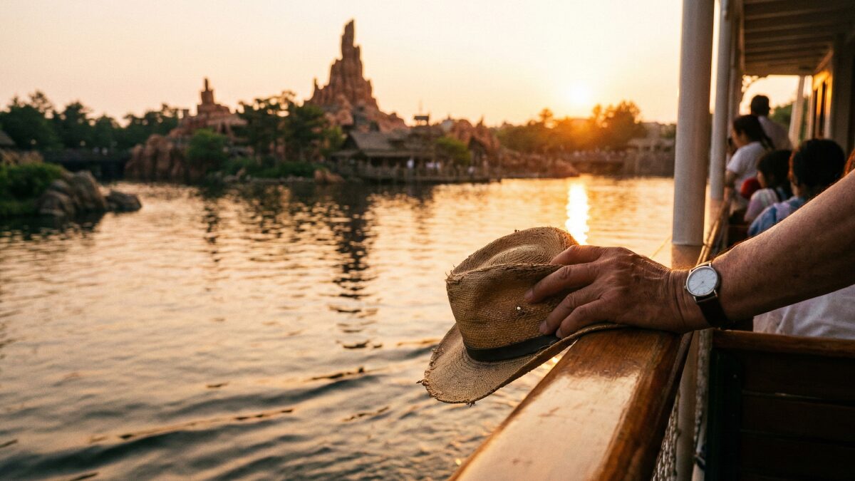 夕暮れ時のアメリカ河を航行する蒸気船マークトウェイン号。3階デッキから見る穏やかな水面