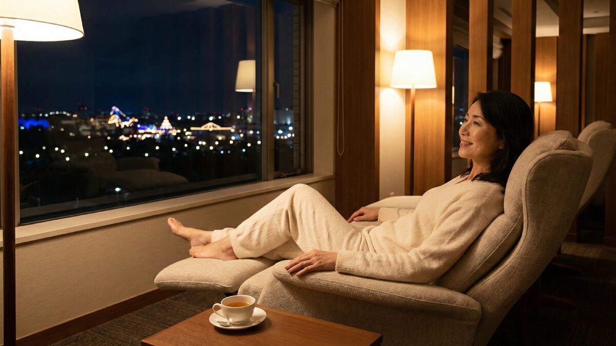 温泉上がりのリラックスルーム。ゆったりとしたチェアに座り、窓の外の夜景を見ながらくつろぐ様子