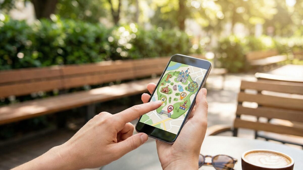 ベンチに座ってスマートフォンでアプリを確認する様子