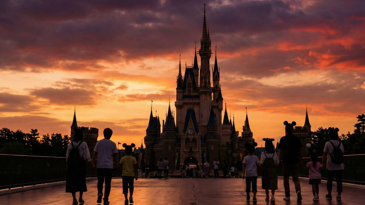 夕暮れ時のシンデレラ城とリラックスして歩く人々