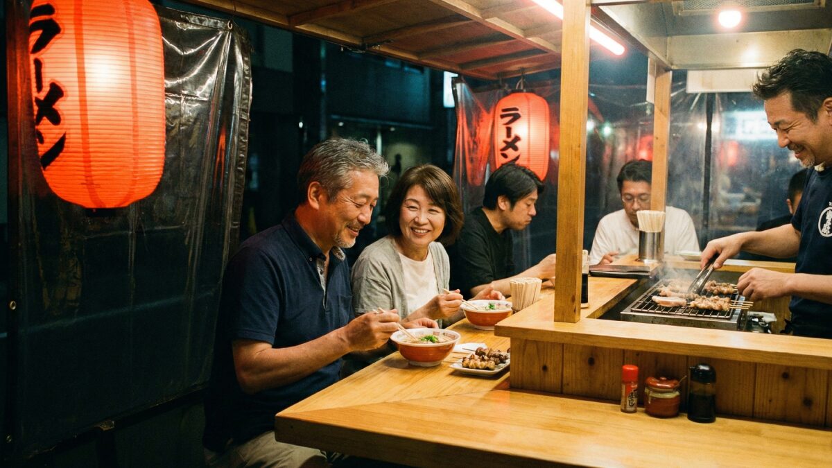 福岡・中洲の夜、屋台の温かい灯りと食事を楽しむ人々の様子