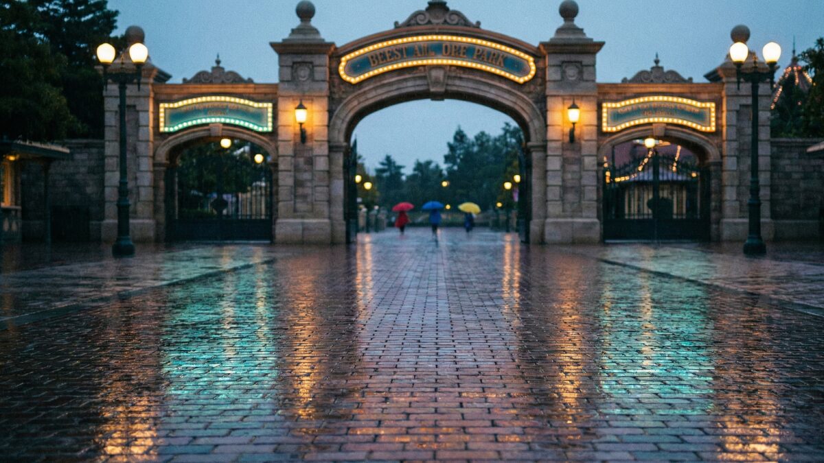 雨に濡れたUSJの石畳とネオン