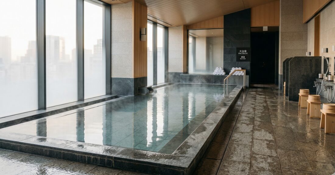 広々とした清潔な大浴場または露天風呂の風景