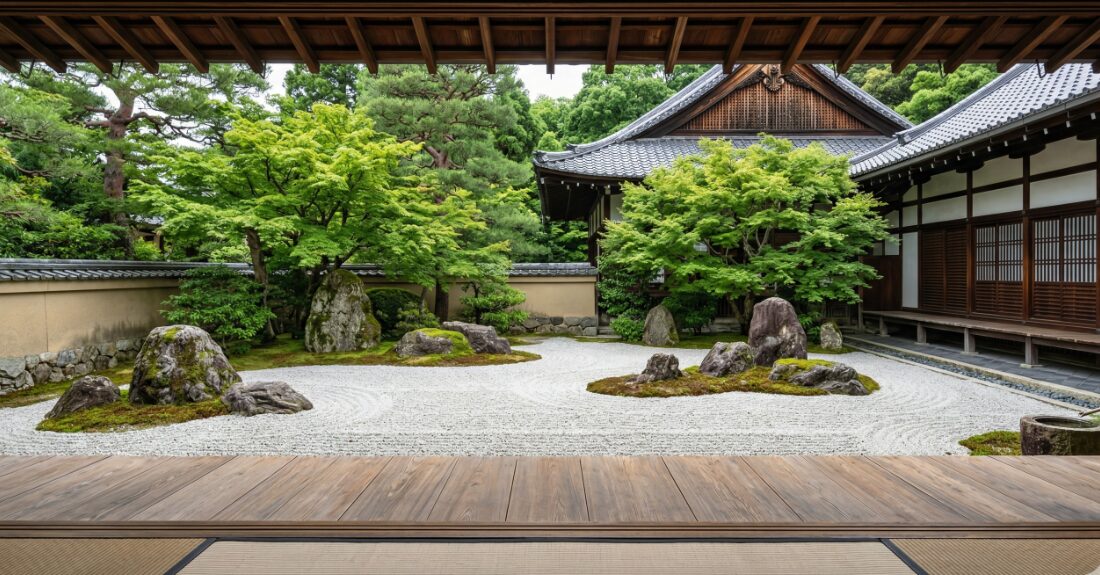 平坦で静かな建仁寺の庭園の様子