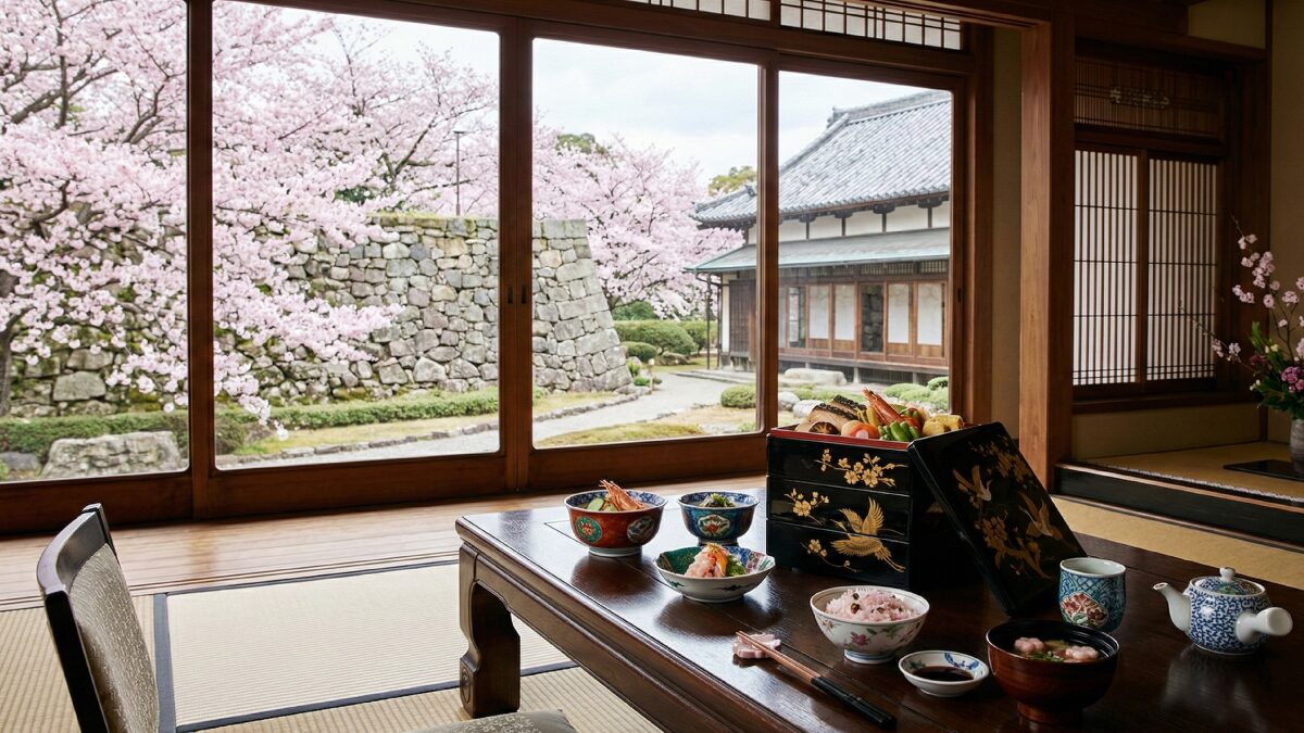 美しい漆器や九谷焼の和食ランチと、窓越しに見える桜