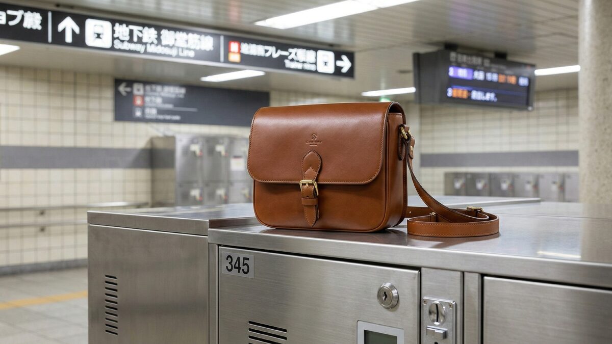 駅のコインロッカーに荷物を預ける様子と身軽な装いの手元