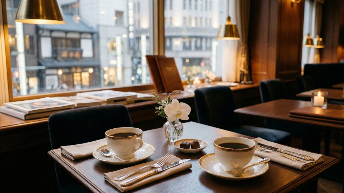 洗練されたレストランのテーブル席で落ち着いて食事を楽しむ風景