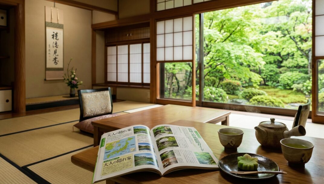 温泉旅館の縁側で、湯呑みを手にほっと一息ついている静かな風景