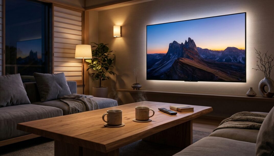 温かい光が差すリビングで、テレビの大画面に映る風景写真をご夫婦で見ている様子