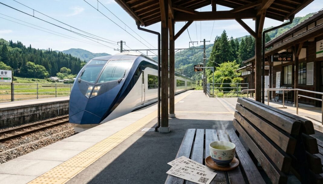 駅のホームに滑り込む特急列車