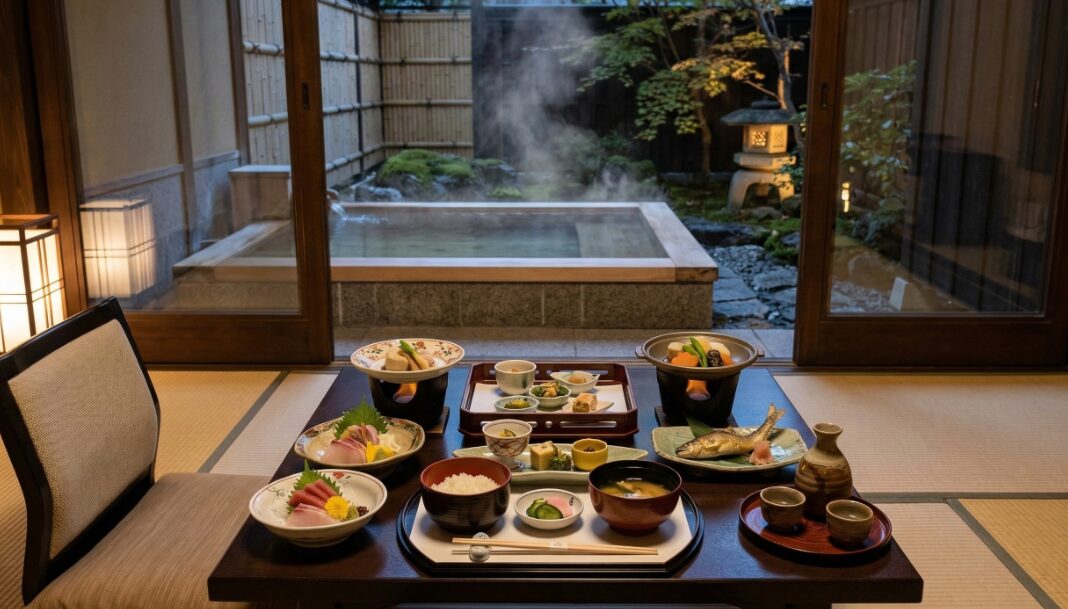 和洋室のベッドと、窓の向こうに見える客室露天風呂