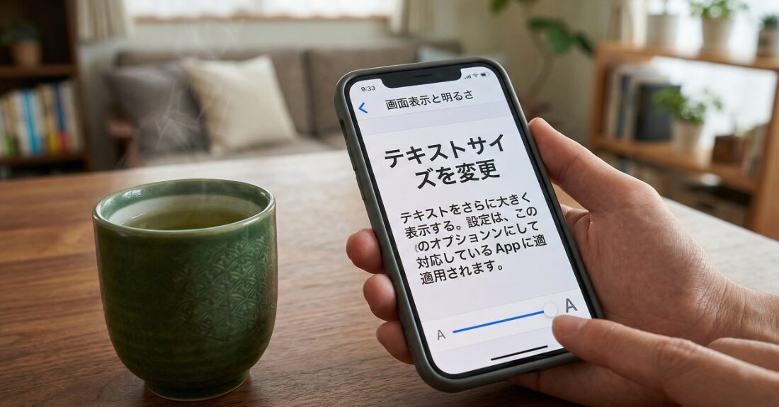 リビングで温かいお茶を飲みながらスマホを設定する手元の風景