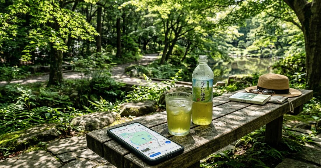 日陰の静かなベンチでホッと一息つきながら画面を見る風景