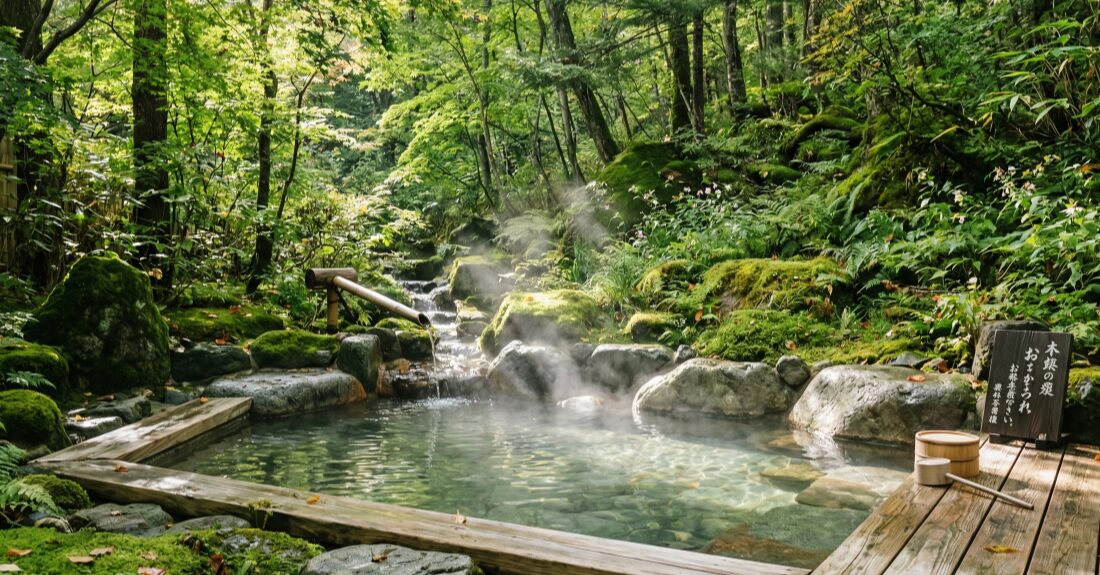 自然に囲まれた静寂な露天風呂と湯船から立ち上る湯気の風景